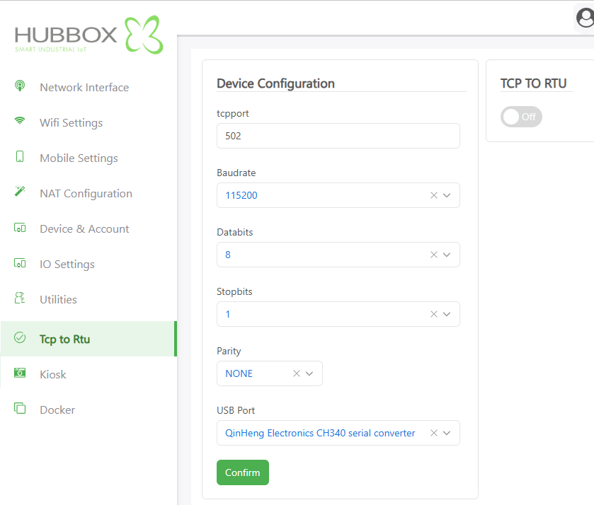 Hubbox Modbus Gateway Arayüzü