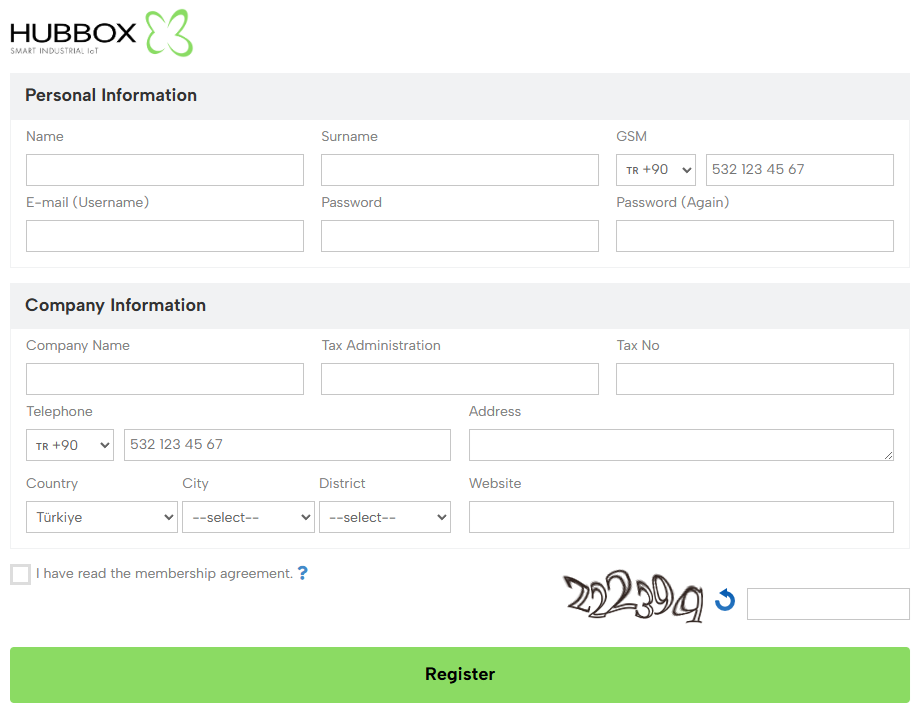 HUBBOX Registration Screen Interface