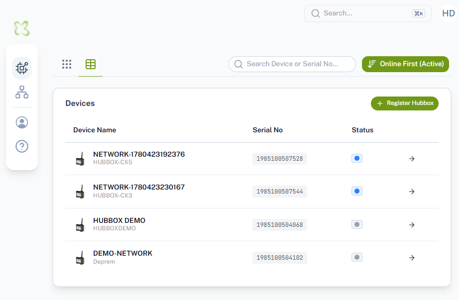 HUBBOX Device List Screen