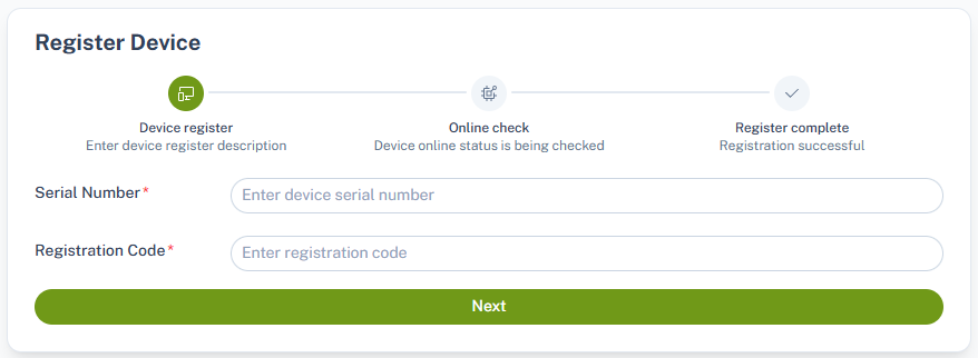 HUBBOX Device Registration Screen