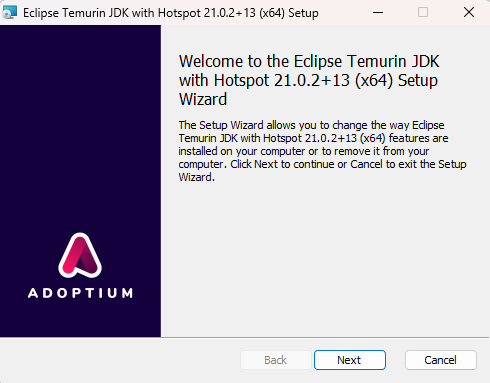 Eclipse Temurin JDK 21 Kurulum Sihirbazı Başlangıç Ekranı