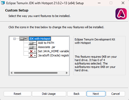 Eclipse Temurin JDK Özellik Seçim Menüsü